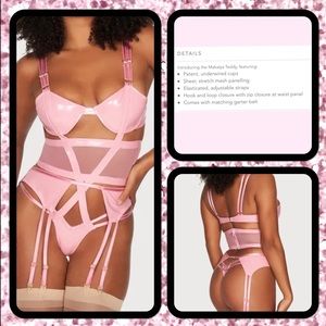 HoT Strappy faux PATENT LEATHER lingerie Teddy Bodysuit light pink